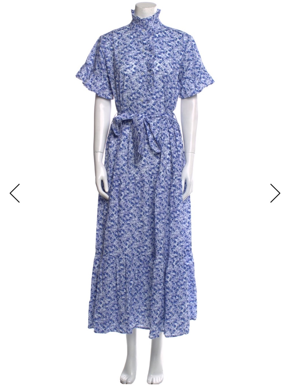 Blue Floral Midi Dress with Ruffle Neck and Self-Tie Waist